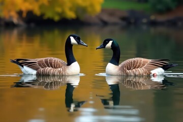 Fototapeta premium Canada geese in V-formation, autumn pond reflection, blue, wing, autumn