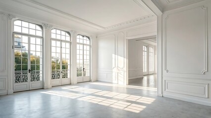 Fototapeta premium Sunlit White Room Interior Design Elegant Arch Windows & Classic Moldings