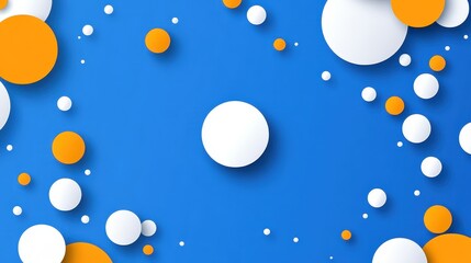 Vibrant white and orange spheres suspended against blue backdrop, presenting geometric arrangement with clean, contemporary minimalist design approach
