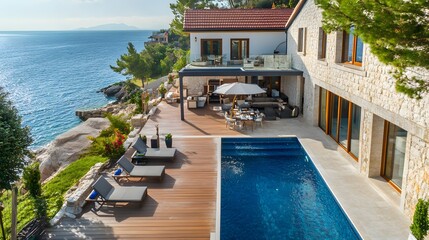 Fototapeta premium luxurious seafront villa with infinity pool and stunning ocean v