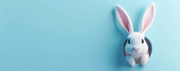 Obraz premium Cute fluffy baby bunny holding blue Easter egg on soft pastel background with copy space for text. Easter celebration, spring holiday, festive decoration, and seasonal banner design for greeting cards
