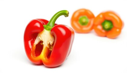 Single vibrant red bell pepper isolated on pure white background, background, red pepper