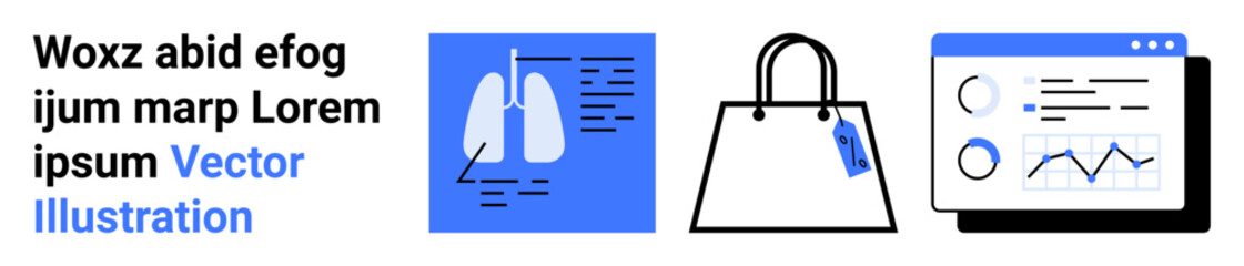 Lungs with medical report, shopping bag with tag, data analytics on screen. Ideal for healthcare, shopping, finance, business, technology marketing education. Perfect for flat landing page banner