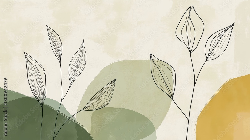 Poster minimalist botanical line drawing with intertwining leaves, merging soft green and yellow abstract e