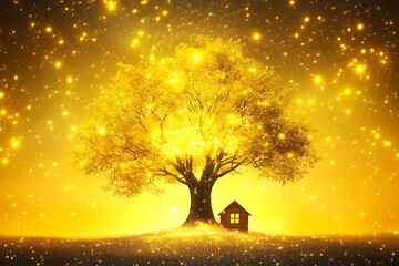 Golden tree with house, surrounded by sparkling stars