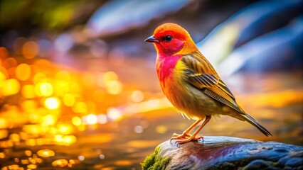 Vibrant Bird Perched on Rock Near Glimmering Water, a Colorful Avian Display in Nature's Embrace