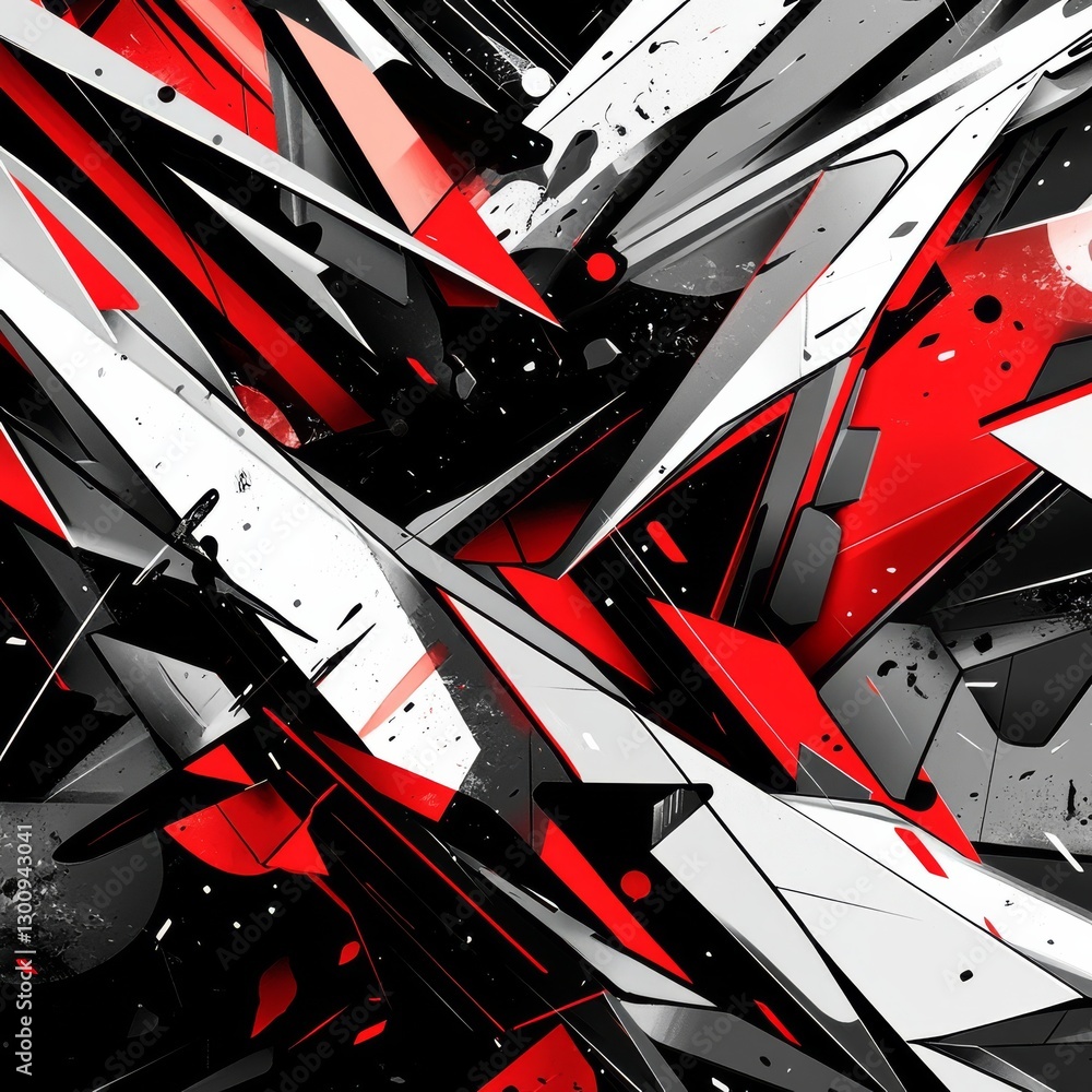 Poster abstract composition with geometric shapes in red, white, and black with dynamic lines and splatters