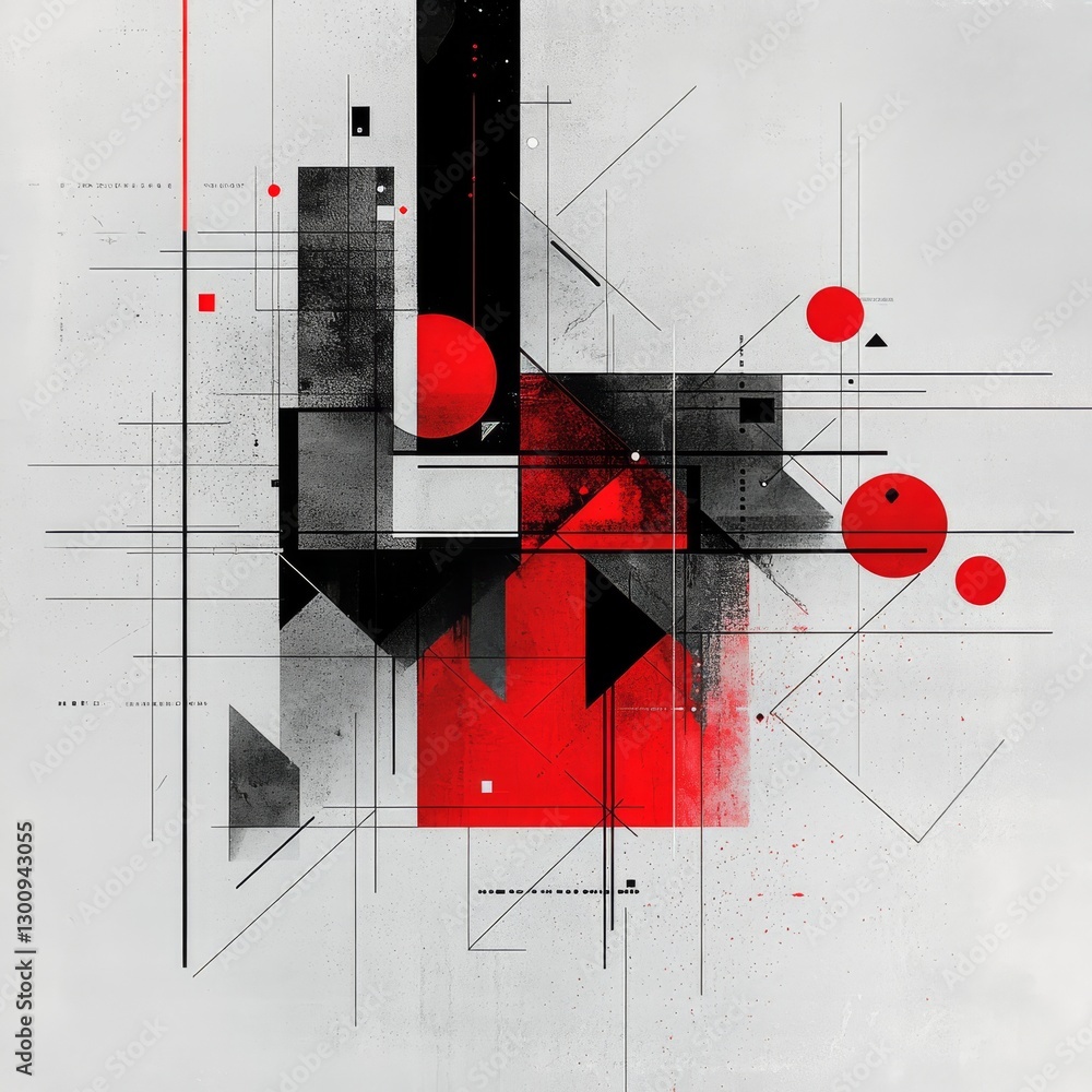 Poster abstract composition of geometric shapes and lines with bold red accents on a textured white backgro