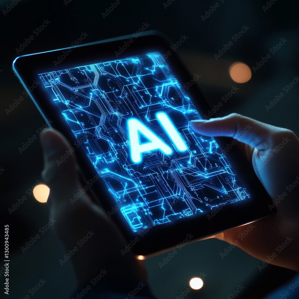 Poster AI Interface: Hands holding a tablet displaying a luminous blue AI circuit board design for future technology