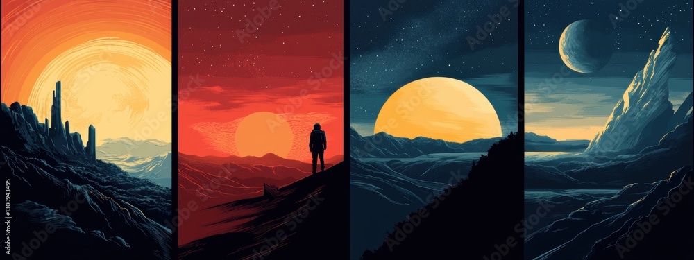 Poster four different images of a man standing on a hill with a large sun in the background. the first imag