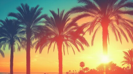 Palm trees silhouetted against sunset sky, creating nostalgic vintage mood with vivid colors and tropical serenity