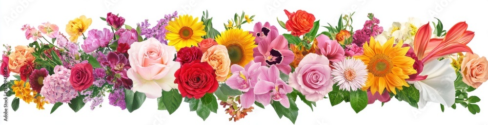 Poster a bouquet of flowers with a variety of colors and types. the flowers are arranged in a long line, cr