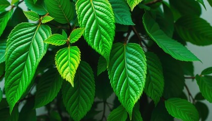Fototapeta premium Vibrant green leaves, intricate details, crisp white backdrop, growth, botany
