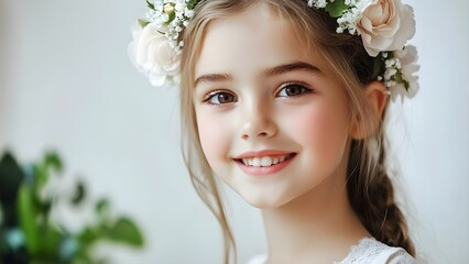 Naklejka premium A smiling young girl with long hair, wearing a floral crown and a light dress, against a soft background. Concept Floral Crown Photography, Joyful Child Portraits, Soft Backgrounds