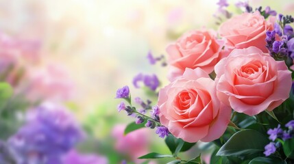 Obraz premium A bouquet of pink roses with purple flowers in the background. The roses are arranged in a way that they are the main focus of the image. Scene is one of beauty and elegance
