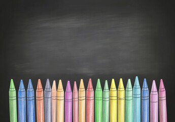 A row of crayons on a blackboard. The crayons are in a rainbow order