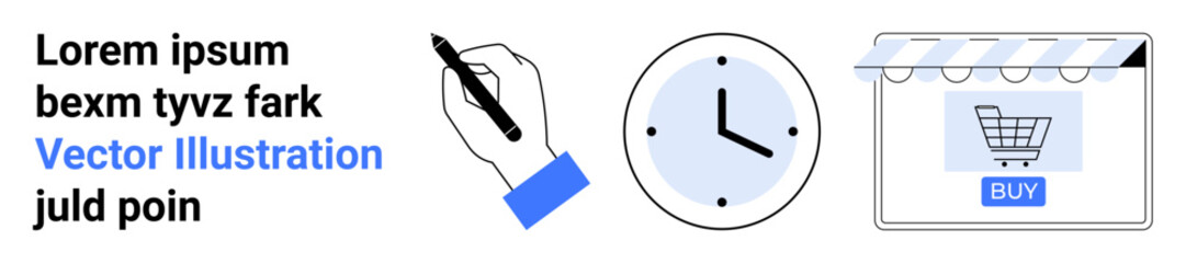 Writing with pen, clock for time management, and online shopping cart. Ideal for e-commerce, productivity, creative work, time tracking, online purchases, business promotion flat landing page banner