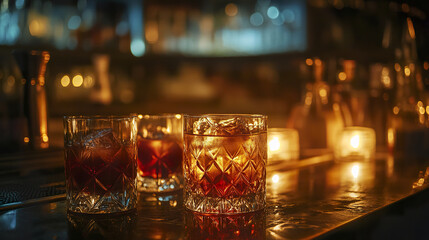Dimly lit speakeasy bar with crystal glasses and candles
