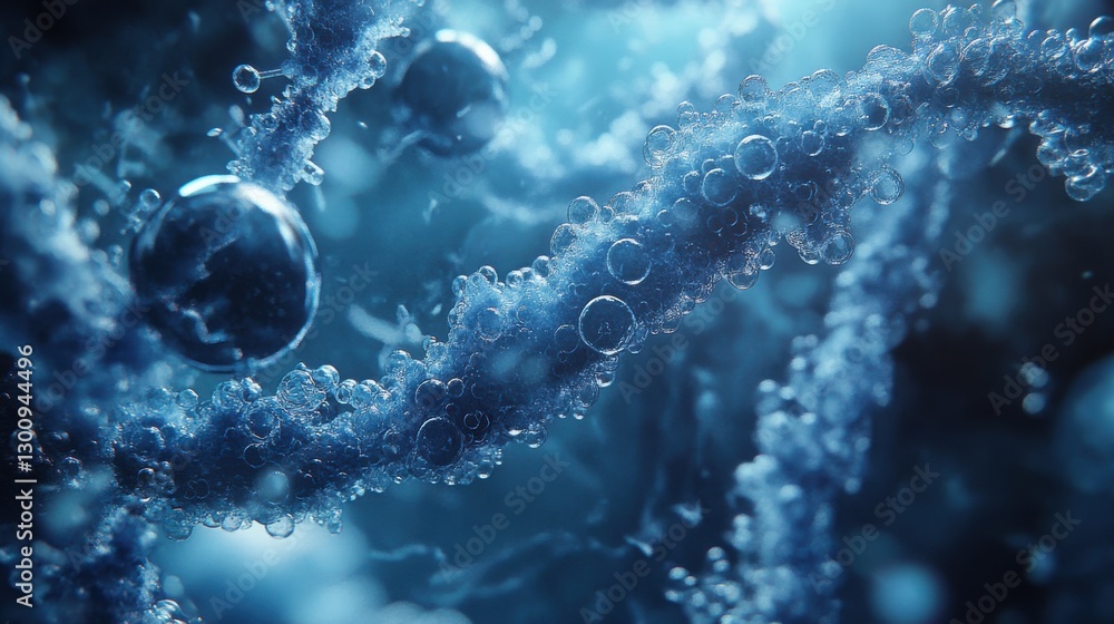 Poster the image is of a blue strand of dna with many small bubbles surrounding it. the bubbles are of diff
