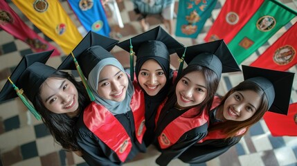 Graduates pose for photo in ceremony hall, colorful flags backdrop