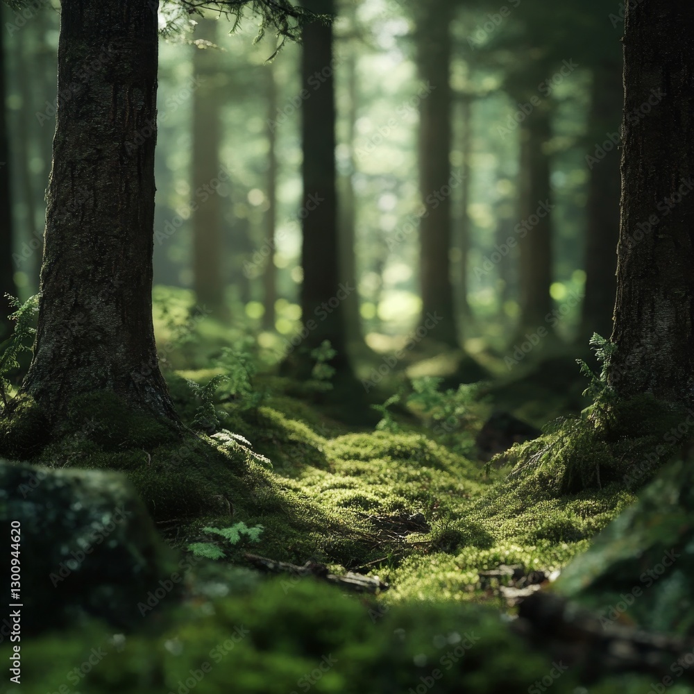Poster Sun-Dappled Forest Floor: A Serene Vista of Moss-Covered Trees and Ethereal Light Filtering Through the Canopy