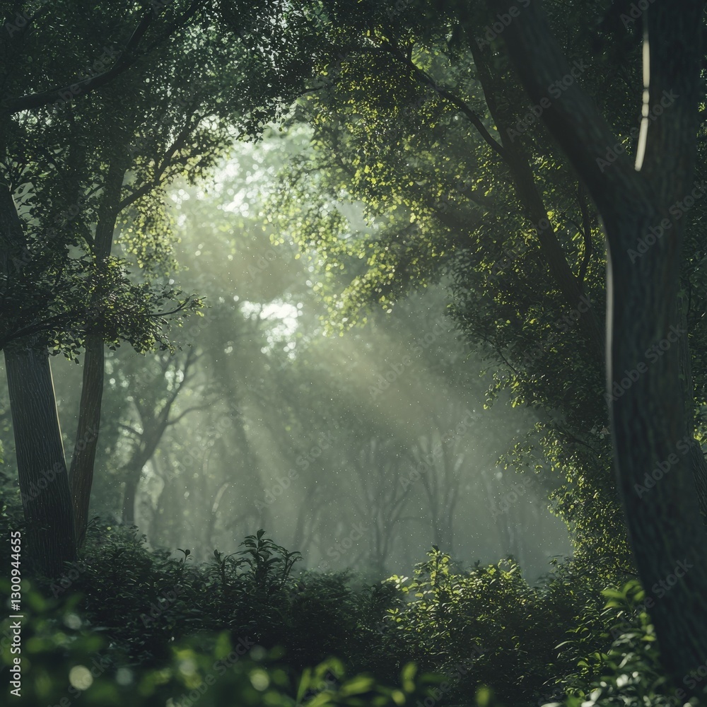 Poster sun-kissed forest: rays of light streaming through lush green canopy, creating a serene and ethereal
