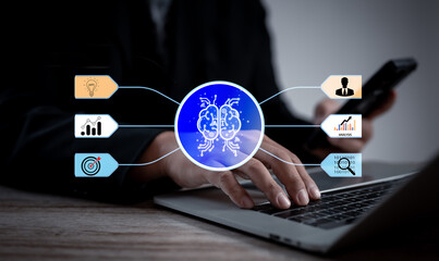 businessman use virtual display AI analytics and performance metrics. This advanced technology...