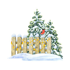 Plank wooden fence in snow with festive garland and bullfinch. Snow-covered fir trees. Watercolor illustration, hand-drawn on isolated background. For decor, design, printing, polygraphy