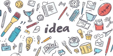 A colorful drawing of various items with the word "idea" written in the center. The drawing conveys a sense of creativity and inspiration