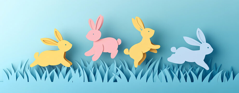 Happy Easter banner with paper cut-out, colorful rabbits jumping on a blue grass background, in a flat lay composition, with pastel colors and space for the text "HAPPY EASTER", in a minimalistic styl
