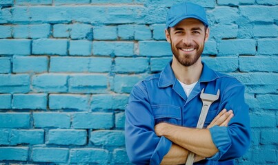 Smiling mechanic with wrench in front blue brick.