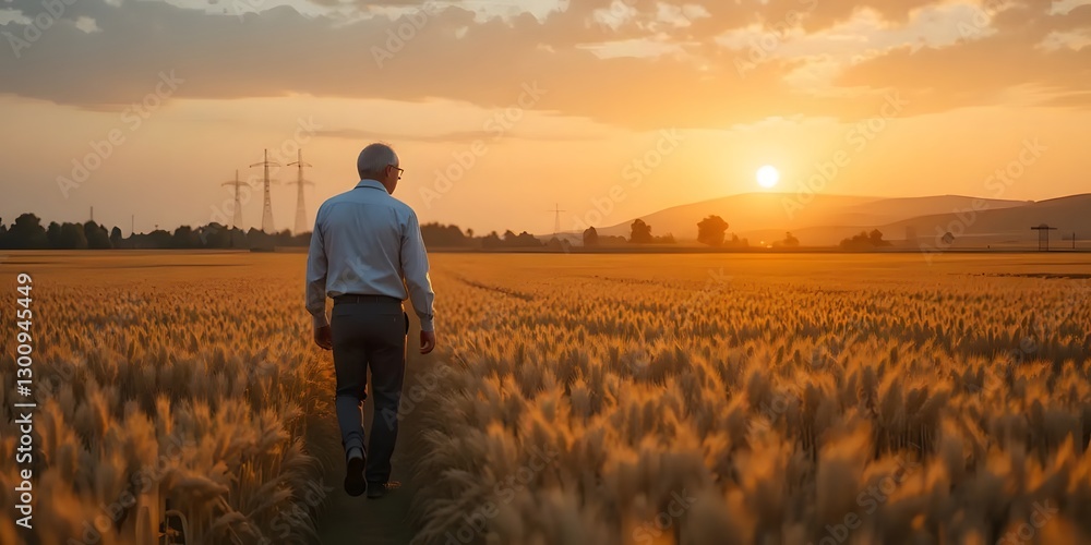 Poster Man Walking Through Golden Wheat Field at Sunset with Power Lines
