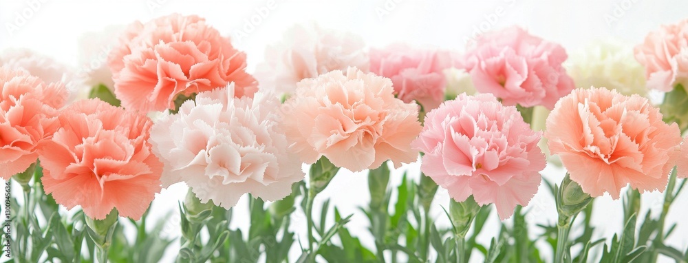 Poster a row of pink and white carnations are arranged in a vase. the flowers are of various sizes and are 