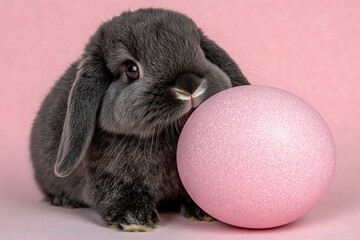 Gray bunny with pink egg on a pink background, studio