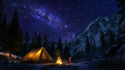 A glowing tent and campfire set against a breathtaking mountain range, illuminated by the Milky Way in a star-filled sky.  