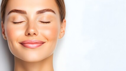 A close-up of a smiling woman's face with closed eyes, showcasing smooth skin and a natural, relaxed expression. Concept Close-up Portrait, Smiling Woman, Relaxed Expression, Smooth Skin