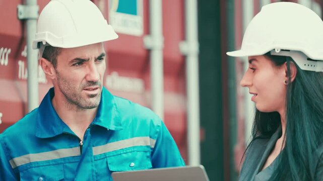 Two industrial professionals talking at a commercial port, reviewing freight documents against a backdrop of shipping containers. Export and import business concept.