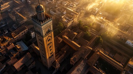 Obraz premium Aerial view mosque city golden sunrise.