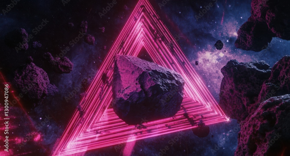 Poster a pink triangle is surrounded by a bunch of rocks. the rocks are scattered all over the image, and t
