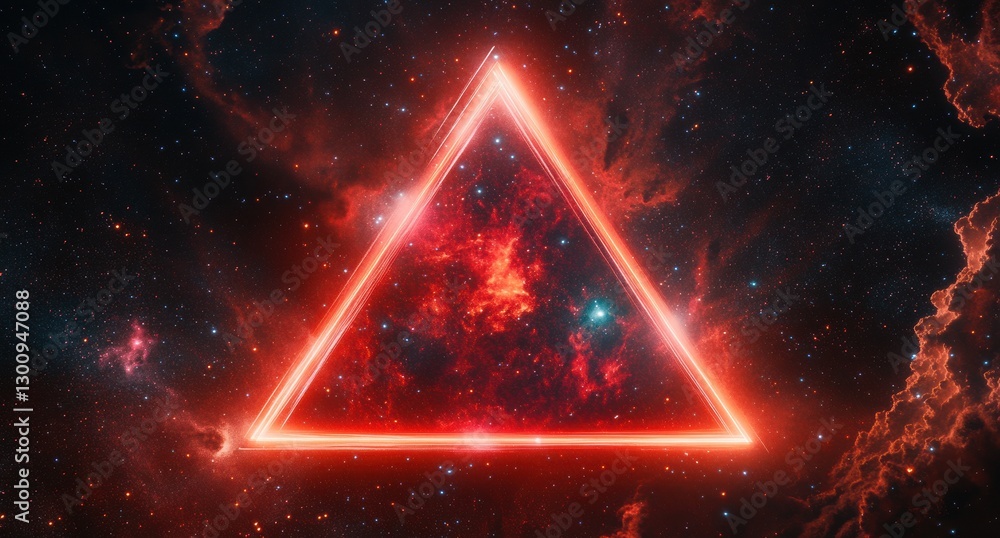 Poster a red triangle is lit up in a dark background. the triangle is surrounded by a red glow, giving the 