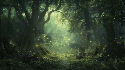 Obraz premium mystical forest with glowing fireflies and towering trees