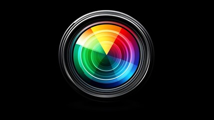 Colorful camera lens graphic on black background