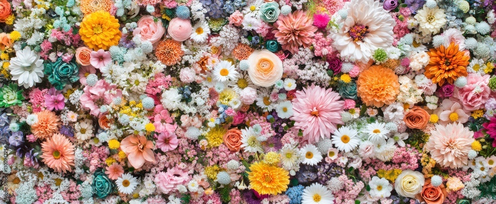 Poster a colorful bouquet of flowers with a variety of colors and shapes. the flowers are arranged in a way