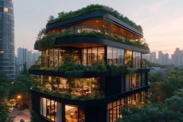 A high-rise apartment with green rooftops covered in plants, designed to save energy and reduce heat absorption