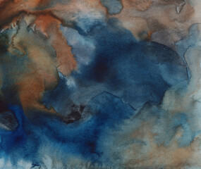 Abstract artist-made texture. Blue and brown ink. Versatile hand painted artistic background for creative design projects: posters, websites, banners, cards, prints, wallpapers.