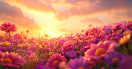 Fototapeta premium A field of pink flowers with a bright sun in the background. The sun is setting, casting a warm glow over the flowers. Scene is peaceful and serene, as the flowers and sun create a beautiful