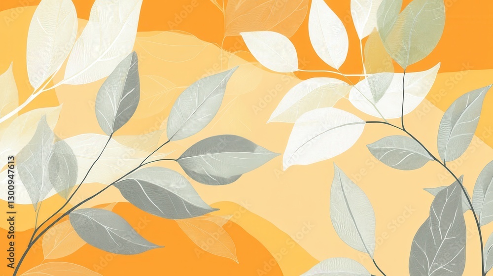 Poster grey and white leaves intertwining on an orange background create a sophisticated and minimalist bot