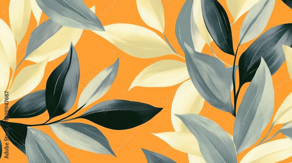 Aufkleber seamlessly patterned elegant foliage in gray and cream against a vibrant orange background, creating