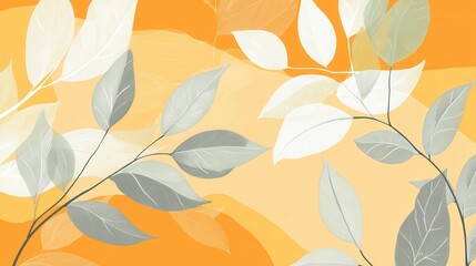 Grey and white leaves intertwining on an orange background create a sophisticated and minimalist botanical design, ideal for nature inspired projects