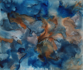 Abstract artist-made texture. Blue and brown ink on paper. Versatile hand painted artistic background for creative design projects: posters, websites, banners, cards, prints, wallpapers.